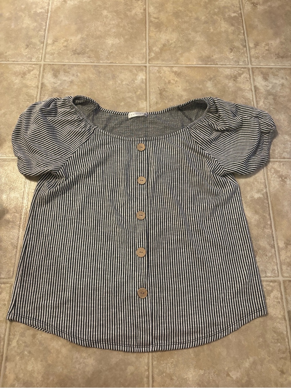 Striped Puff-Sleeve Button-Front Tee
